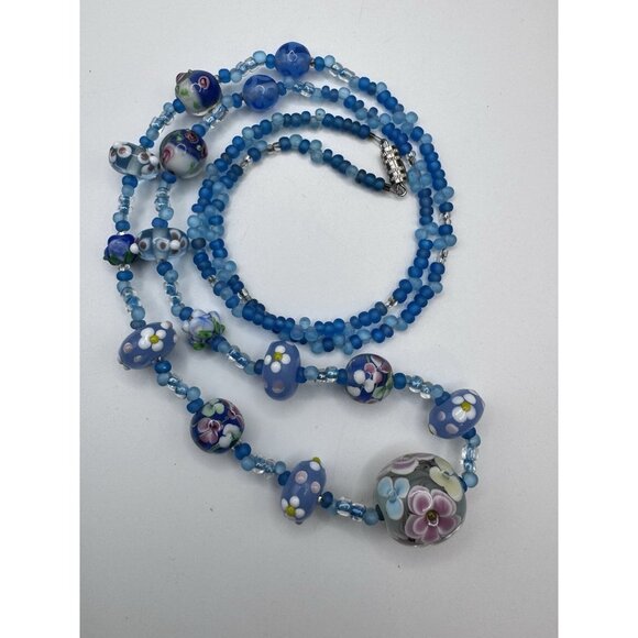 Vintage Italian Venetian Murano Art Glass Wedding Cake Blue Bead Necklace Rare - Picture 6 of 9